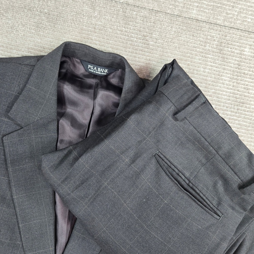 Jos. A. Bank Mens 41L Charcoal Grey Windowpane Plaid 2 Piece Suit